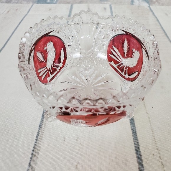 Vintage German Hofbauer Byrdes Bird Ruby Flashed Crystal Footed Candy Dish - Picture 8 of 10